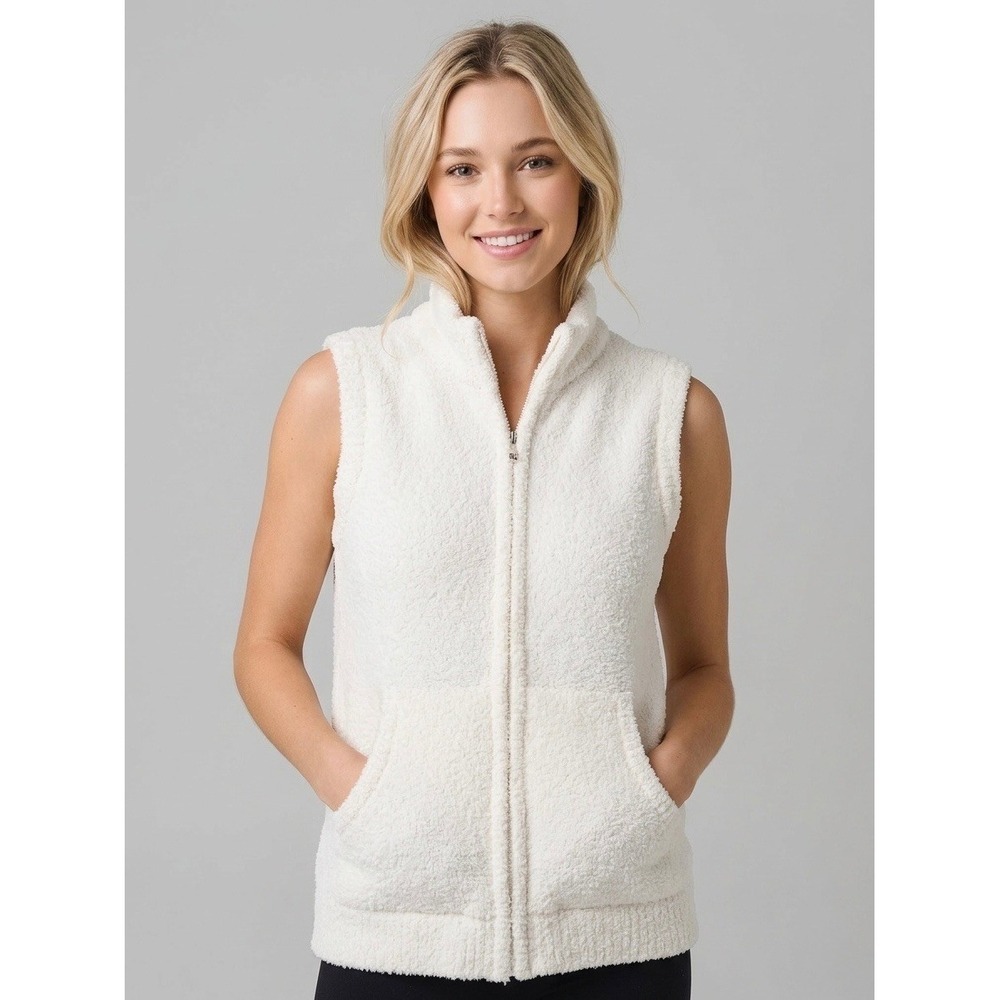 Kashwere Womens Full Zip Chenilla Fleece Vest Cream White Mock Neck Pockets L